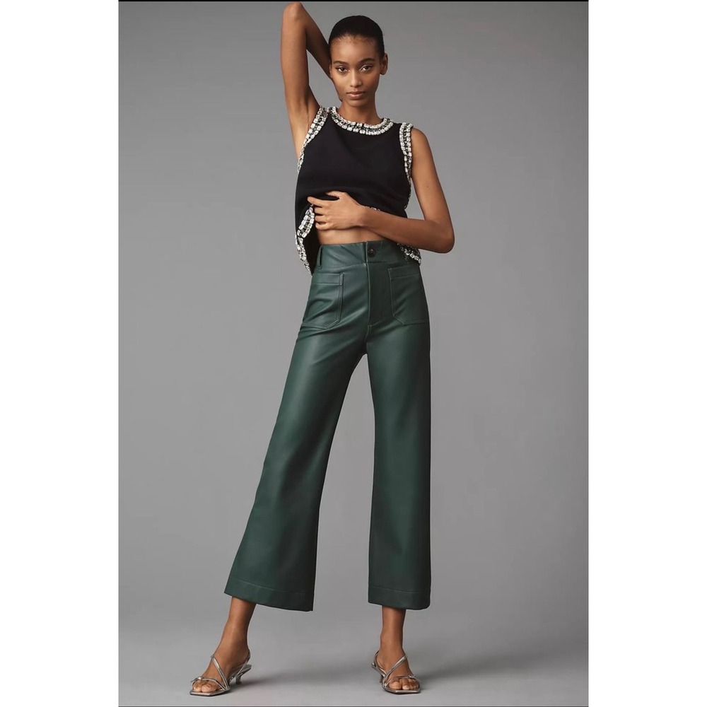 Maeve The Colette Faux Leather High Rise Cropped Wide Leg Pants Green 26T